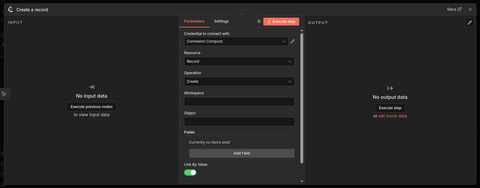 Vue du noeud create a record