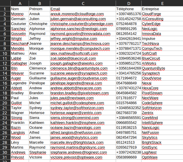 Configuration of the .csv file for importing contact data