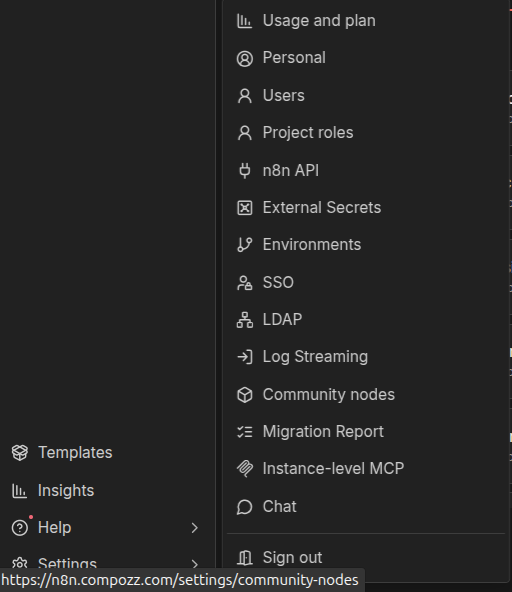 Se rendre dans Community nodes dans les paramètres n8n