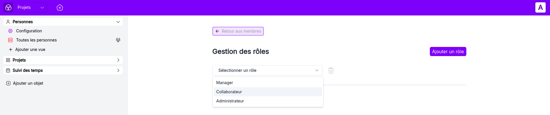 Selecting a role to modify access rights