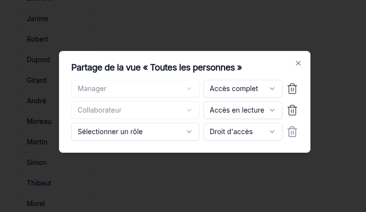 View permissions management popup